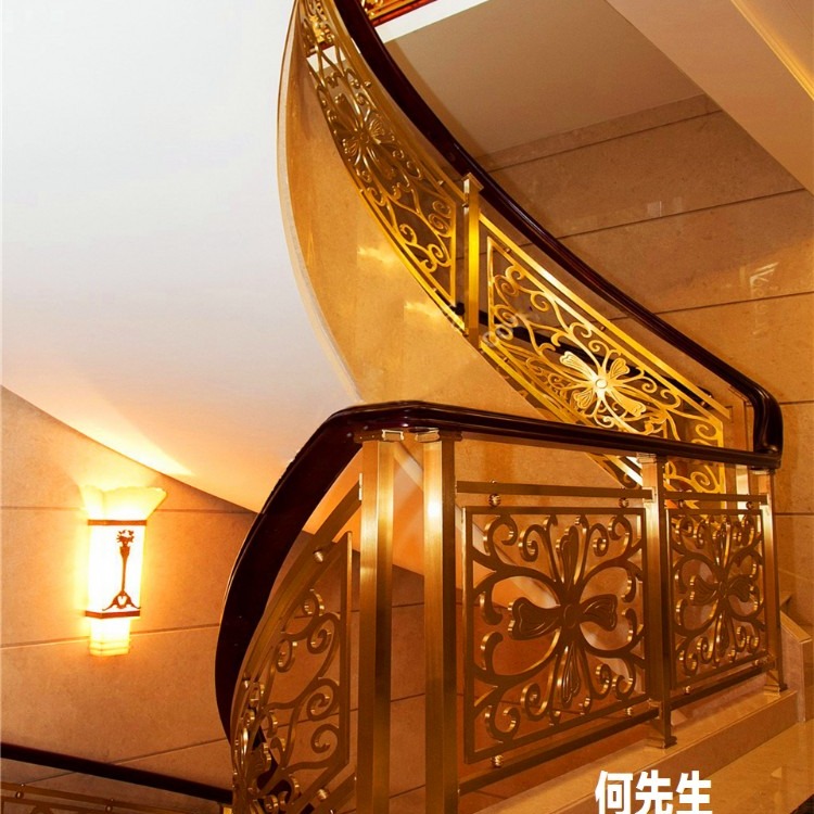 钛金镜面铜板雕刻楼梯护栏 纯铜铜楼梯栏杆装饰
