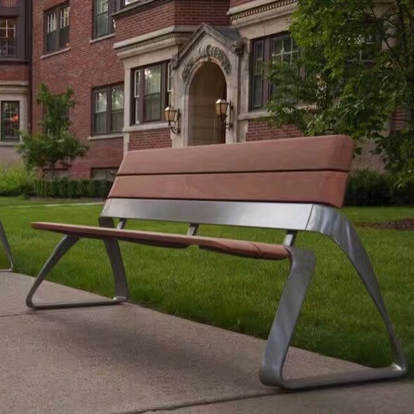 户外休闲坐凳小区广场景观座椅防腐木室外长凳不锈钢公园长椅厂家