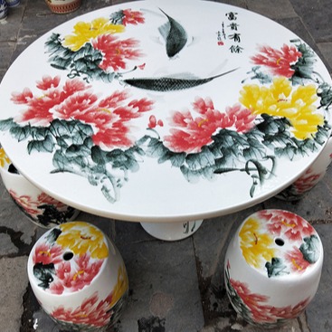 景德镇陶瓷凉凳子凉蹲花鼓凳 手绘牡丹花可配庭院陶瓷桌套装