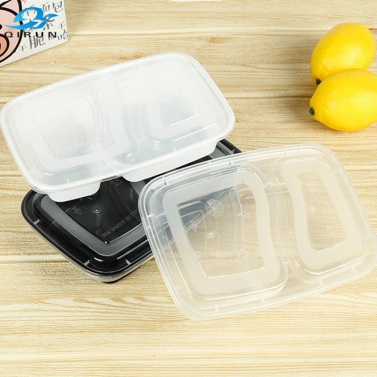 珠海奇润一次性快餐盒环保透明两格高档打包盒6828白色外卖盒黑色1000ML
