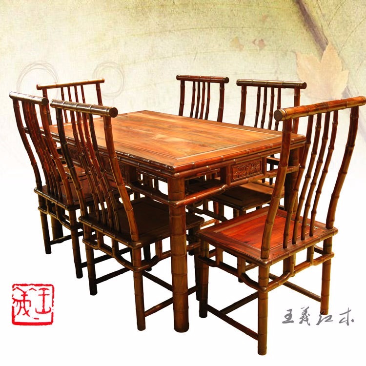 大红酸枝餐桌 竹节餐桌王义红木精品餐厅家具